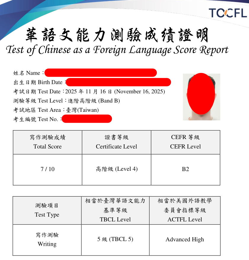 On Writing the TOCFL B Band speaking and writing test